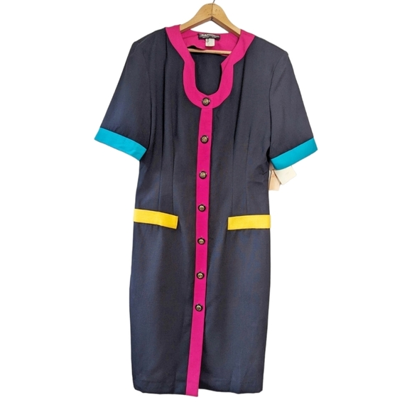 Vintage Dresses & Skirts - Vintage 80's Colorblock Button-up Dress Deadstock